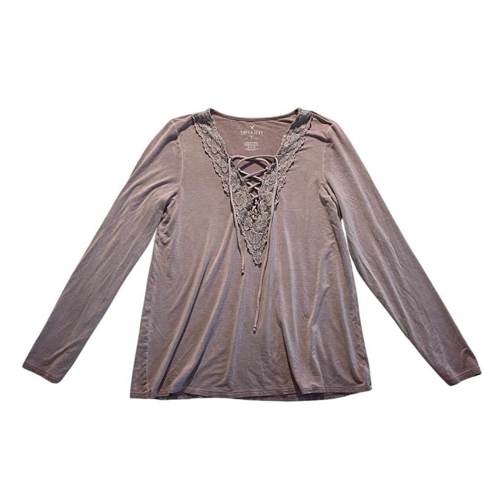 Lace Up V-Neck Long Sleeve Top Mauve Purple Size M American Eagle Soft & Sexy